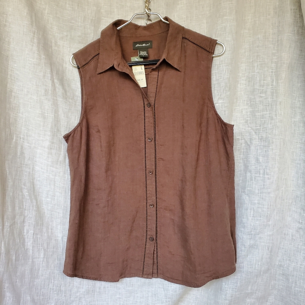 Eddie Bauer Linen women's sleeveless brown button down collared ladder lace NWT